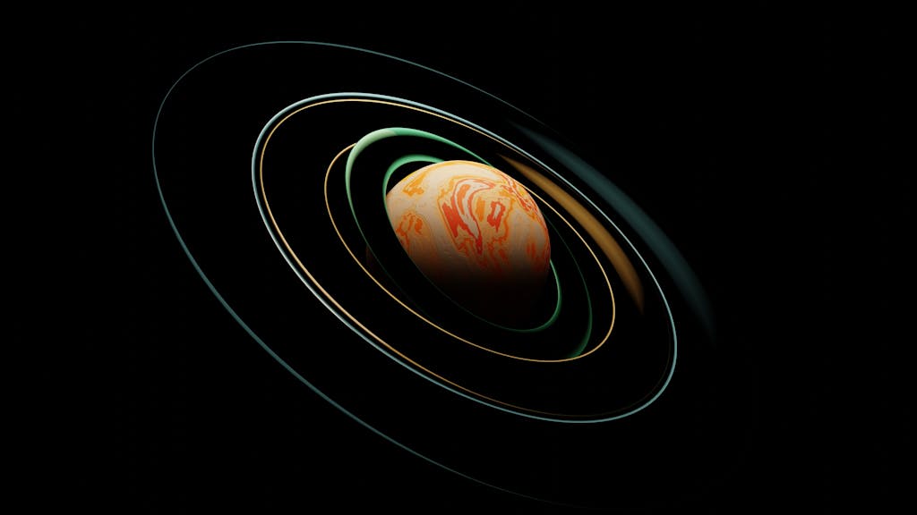 A vibrant abstract planet surrounded by intricate orbits in space.