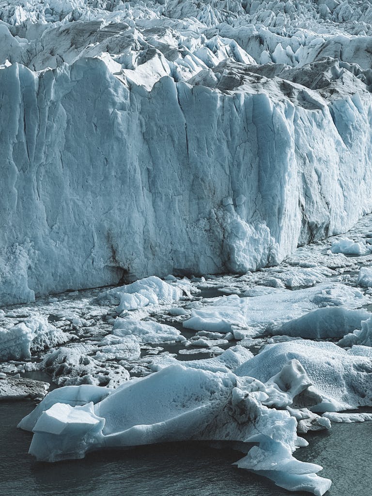 Spectacular view of Perito Moreno Glacier showcasing blue ice and serene winter landscape.