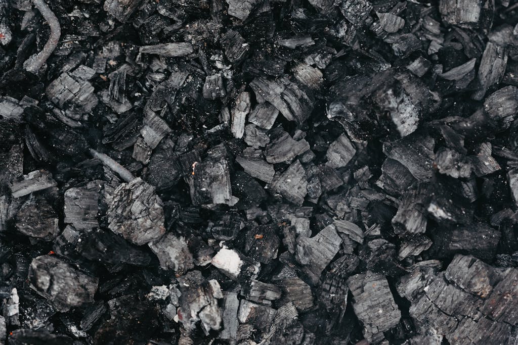 Top view black and white of textured background representing charcoal with rough surface and dense structure